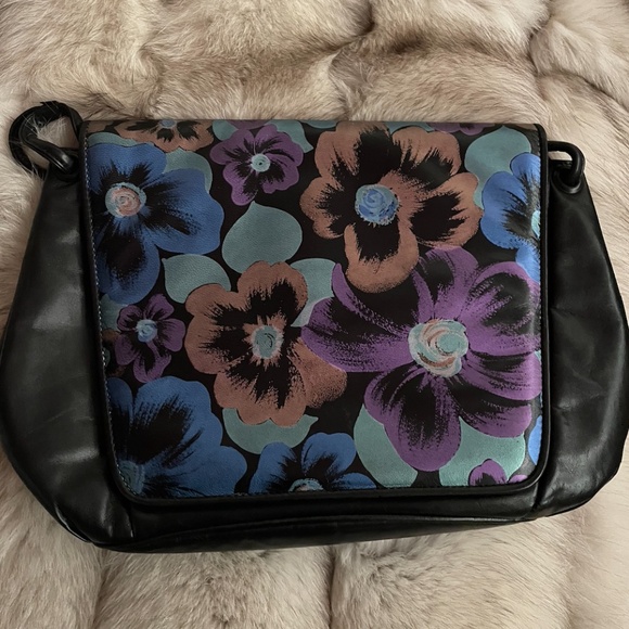 Bruno Magli Black Leather and Floral Handbag - Picture 1 of 6